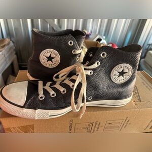 Converse Black Leather High-Tops with White Accents